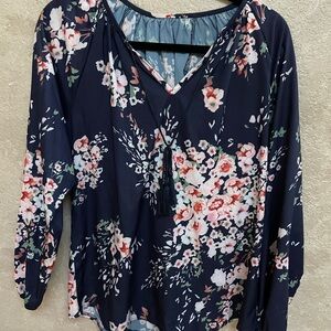 Floral V-Neck Women's Top - Navy